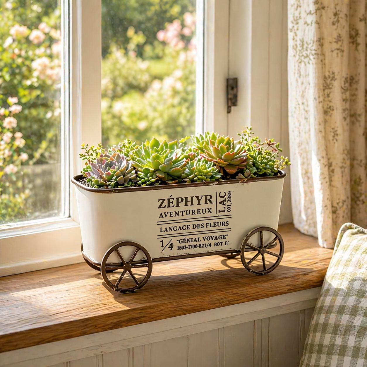 Retro Wrought Iron Four-Wheel Planter Cart