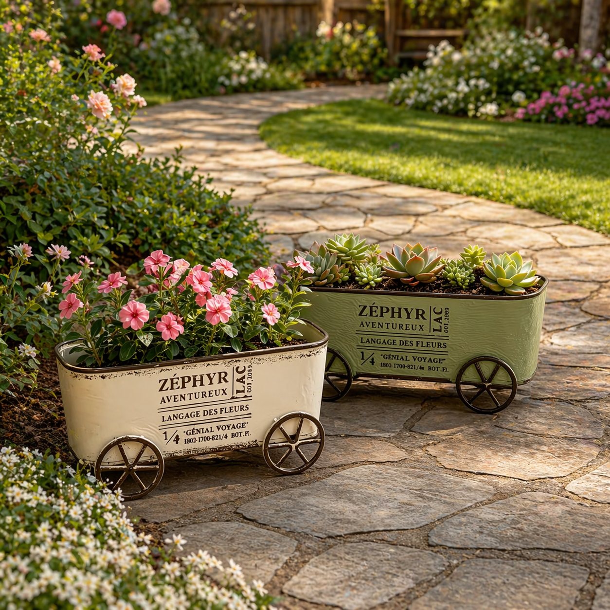 Retro Wrought Iron Four-Wheel Planter Cart