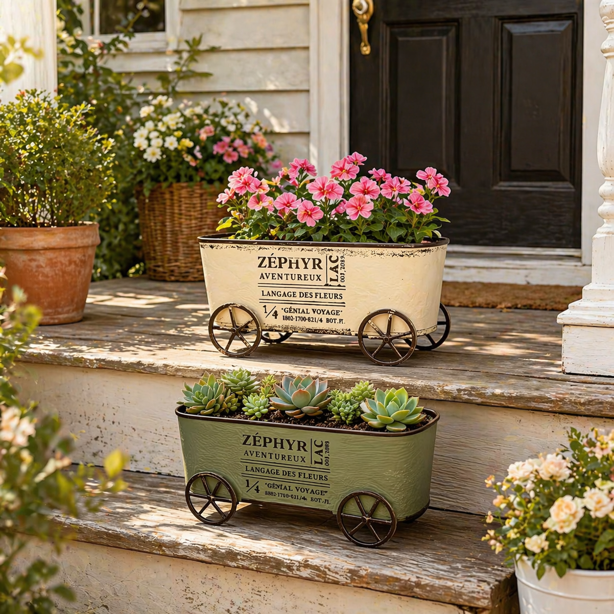 Retro Wrought Iron Four-Wheel Planter Cart