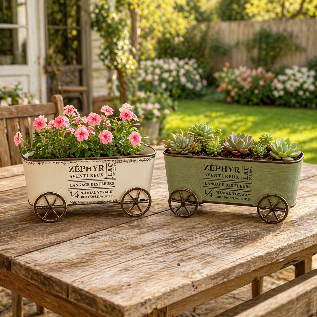 Retro Wrought Iron Four-Wheel Planter Cart