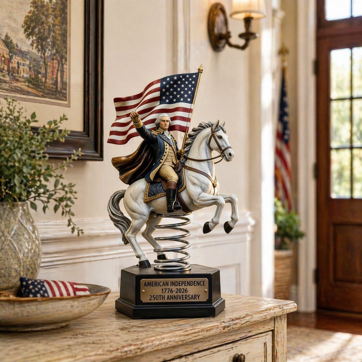Patriotic Washington Horseback Bobblehead Sculpture