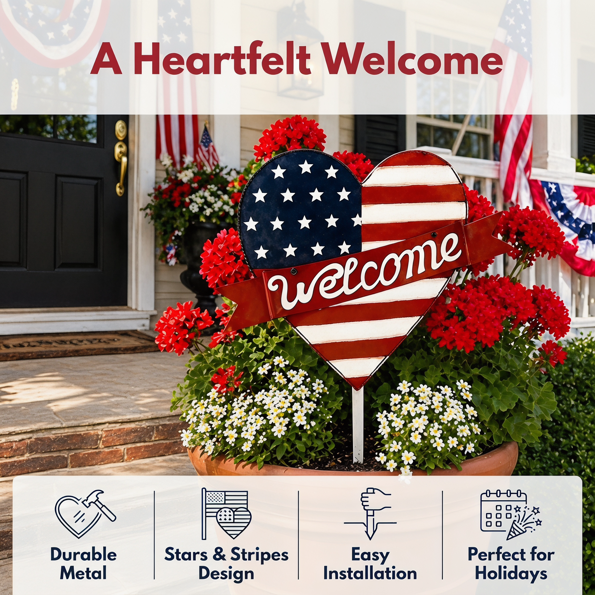 Patriotic American Metal Heart Garden Stake