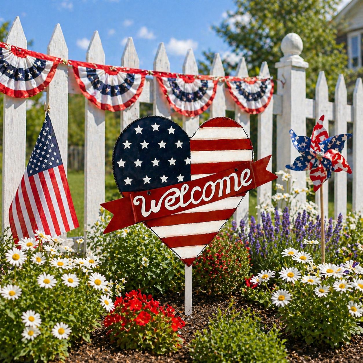 Patriotic American Metal Heart Garden Stake