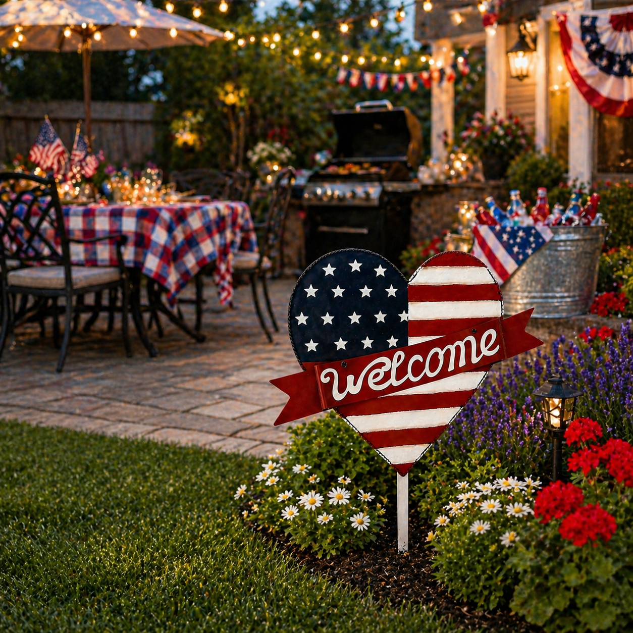 Patriotic American Metal Heart Garden Stake