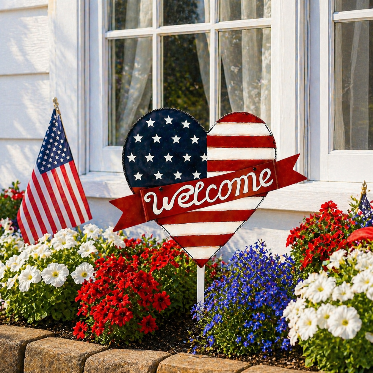 Patriotic American Metal Heart Garden Stake