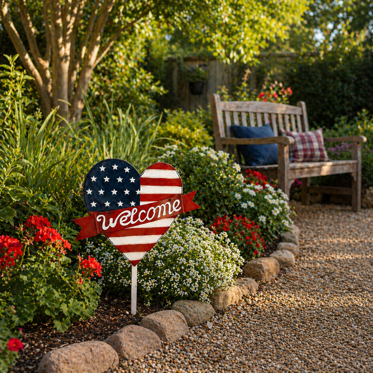 Patriotic American Metal Heart Garden Stake