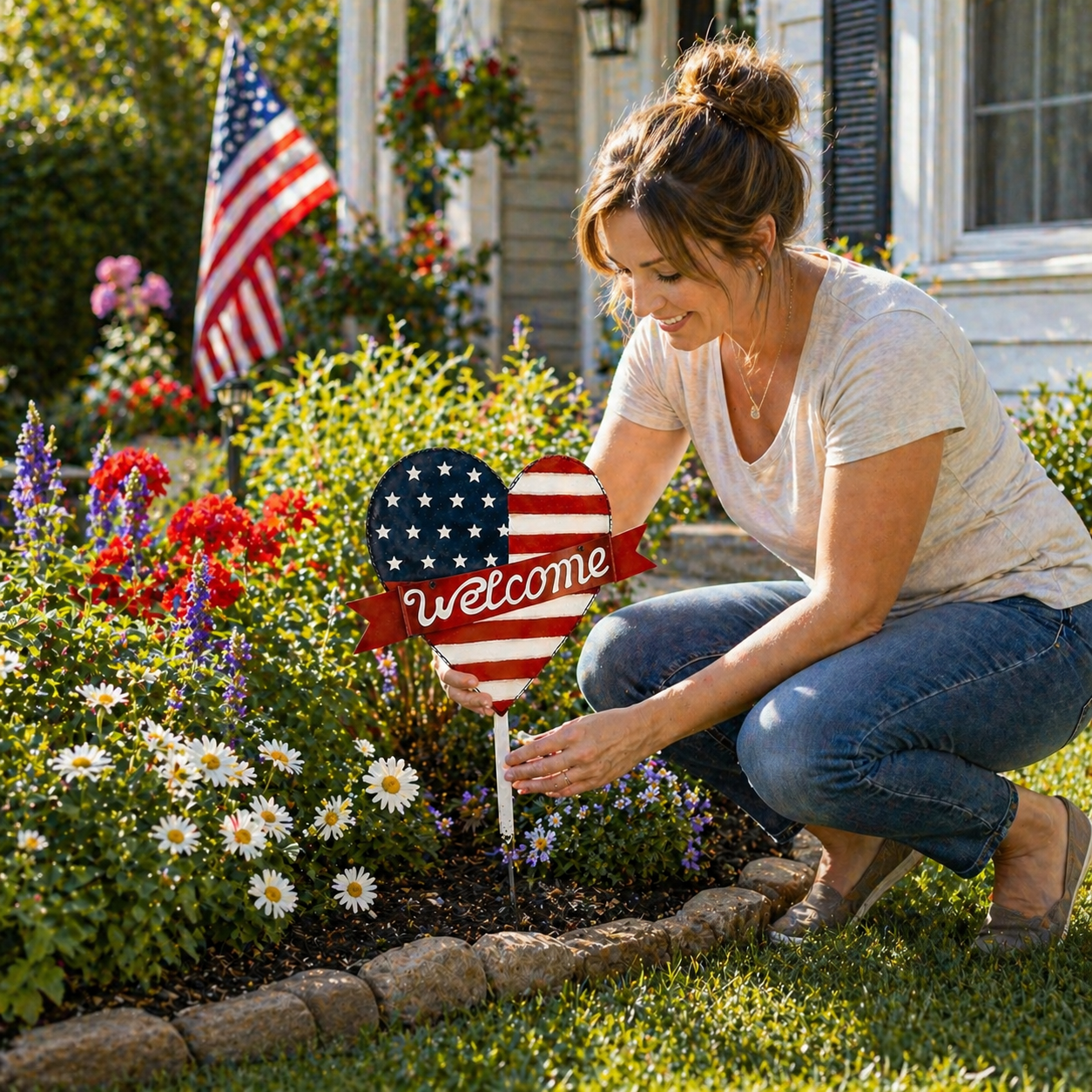 Patriotic American Metal Heart Garden Stake