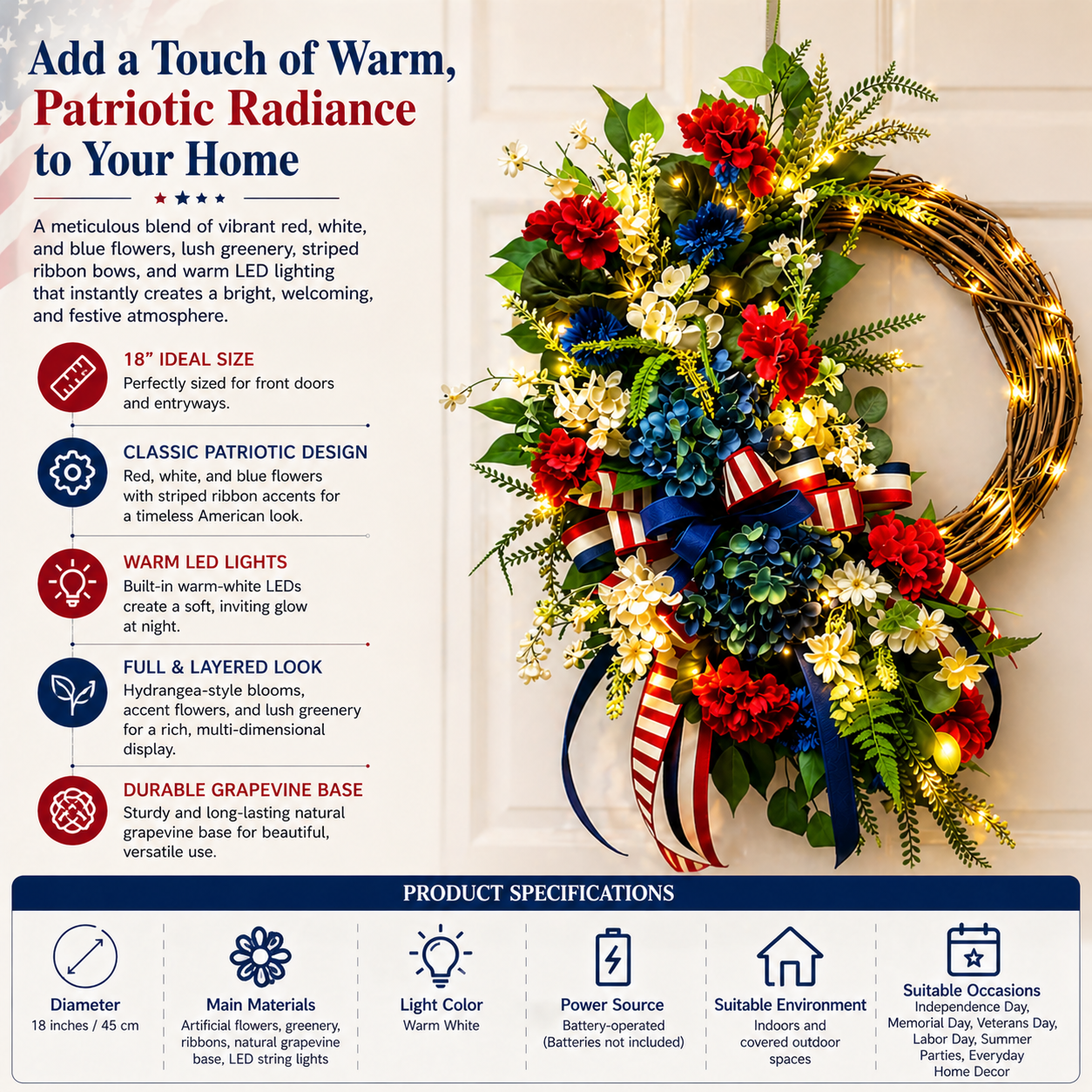 Lighted Patriotic American Wreath