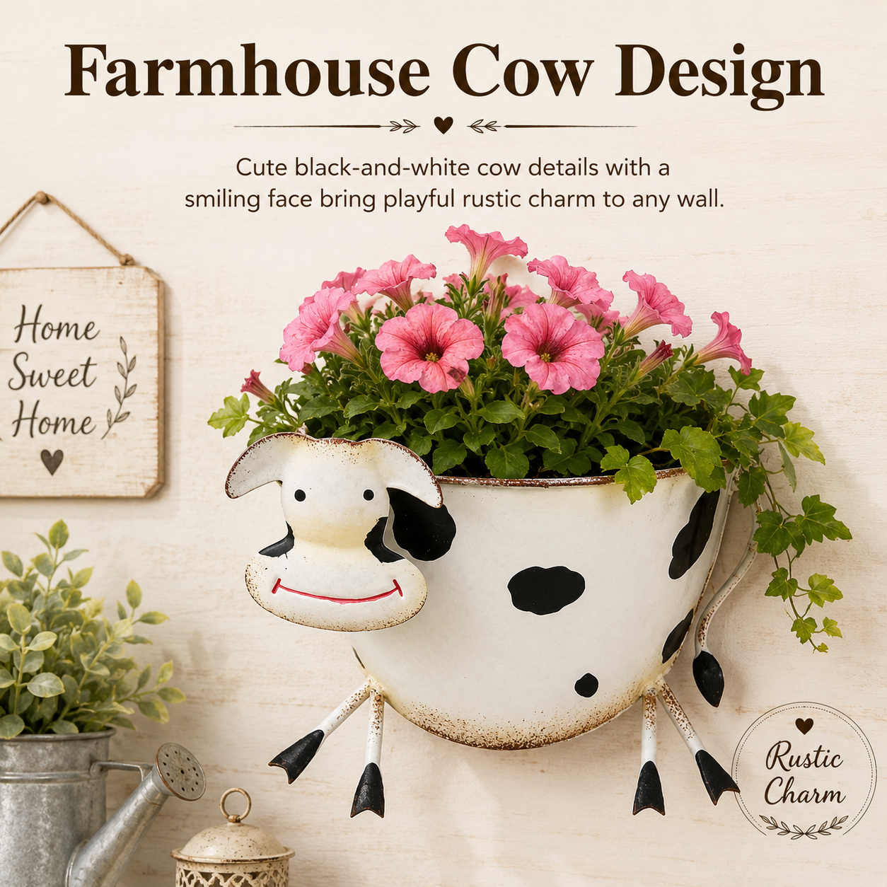 Rustic-Style Wrought Iron Cow-Shaped Wall-Mounted Planter