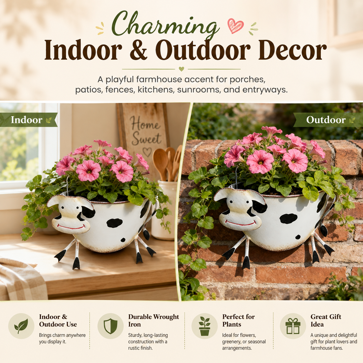Rustic-Style Wrought Iron Cow-Shaped Wall-Mounted Planter