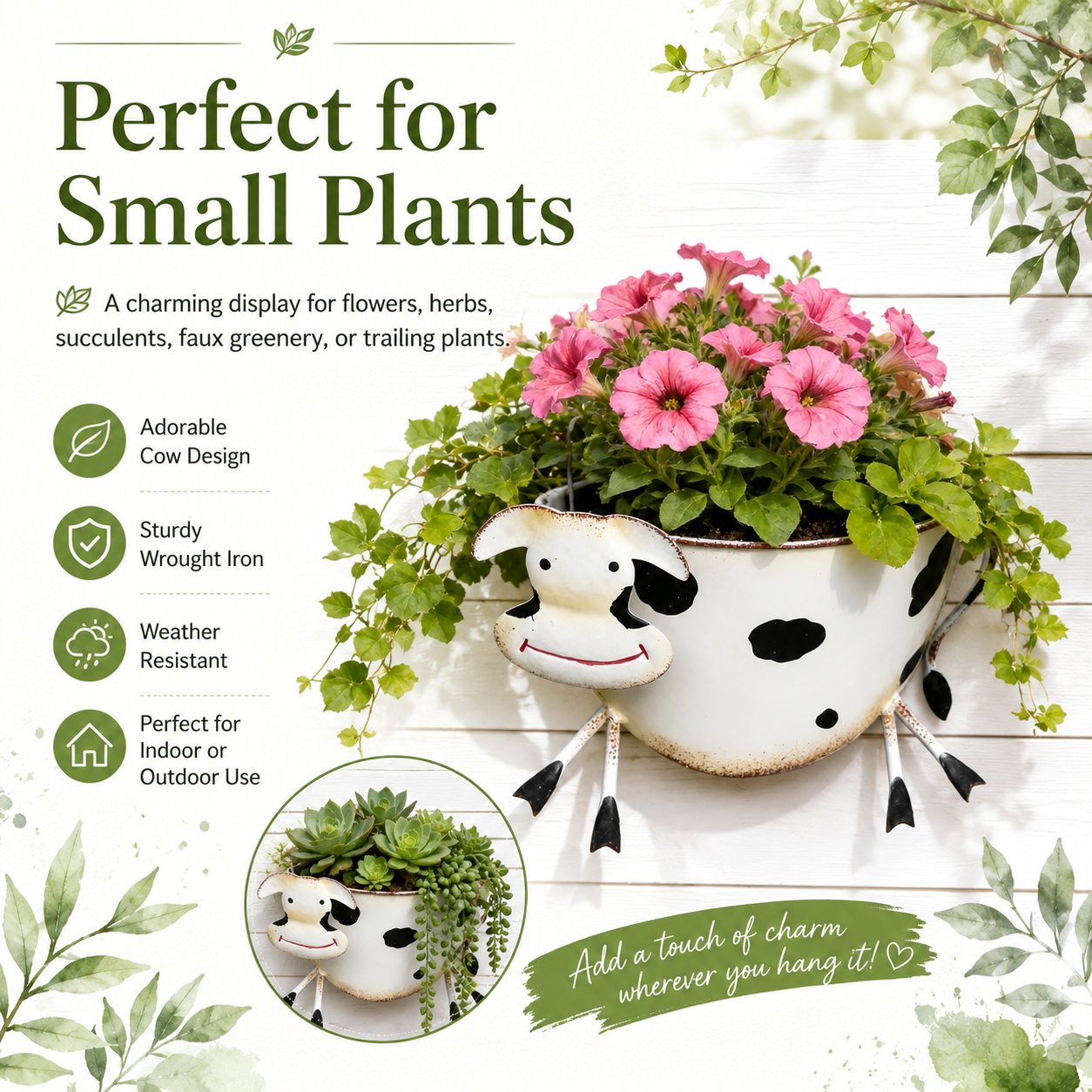 Rustic-Style Wrought Iron Cow-Shaped Wall-Mounted Planter