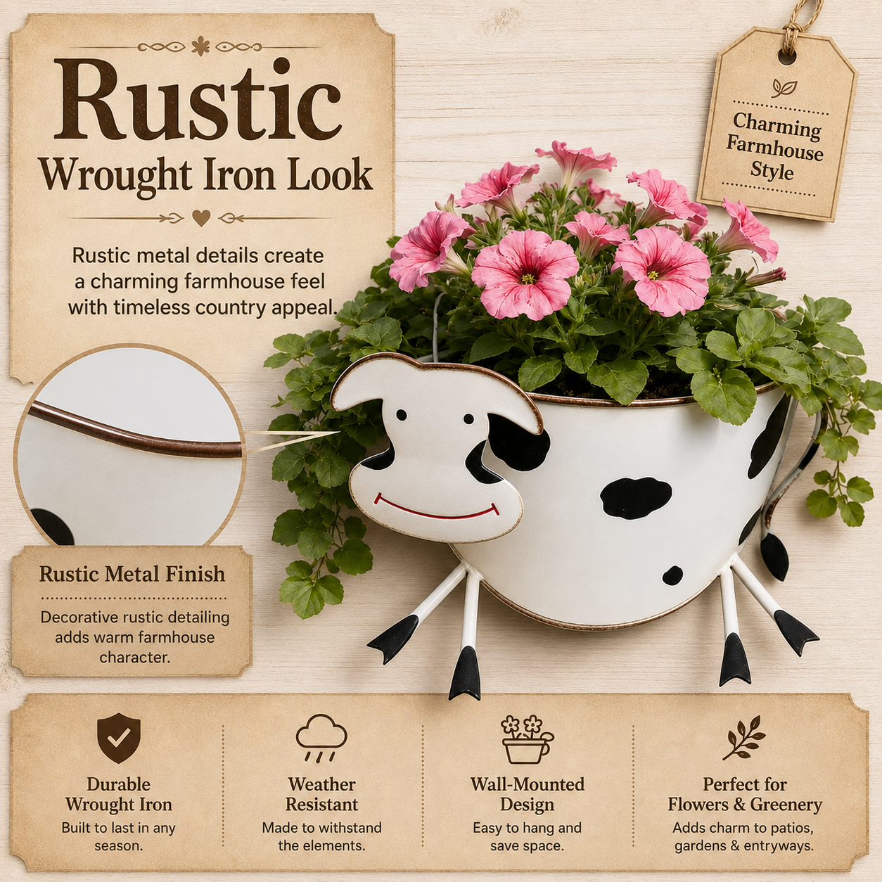 Rustic-Style Wrought Iron Cow-Shaped Wall-Mounted Planter