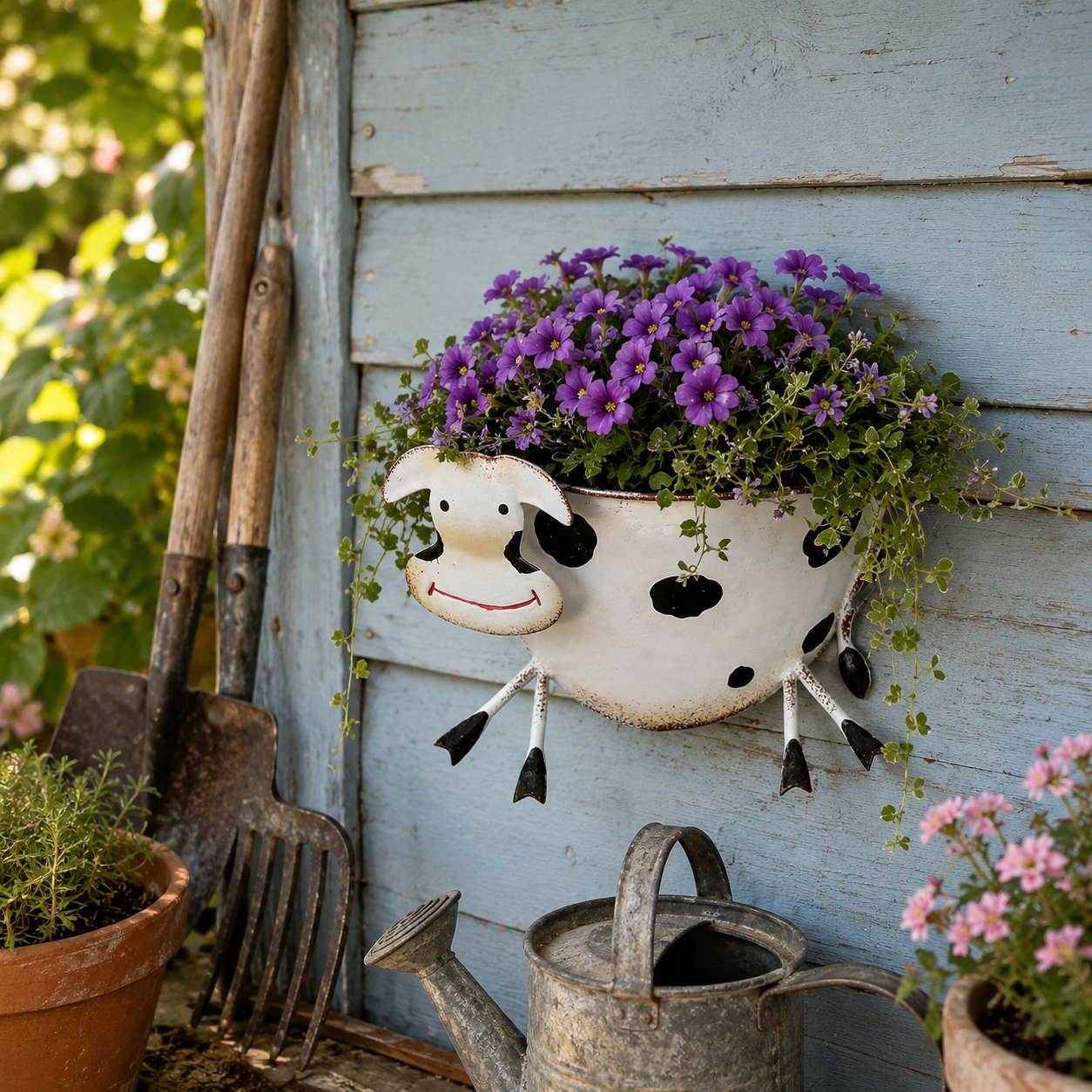Rustic-Style Wrought Iron Cow-Shaped Wall-Mounted Planter
