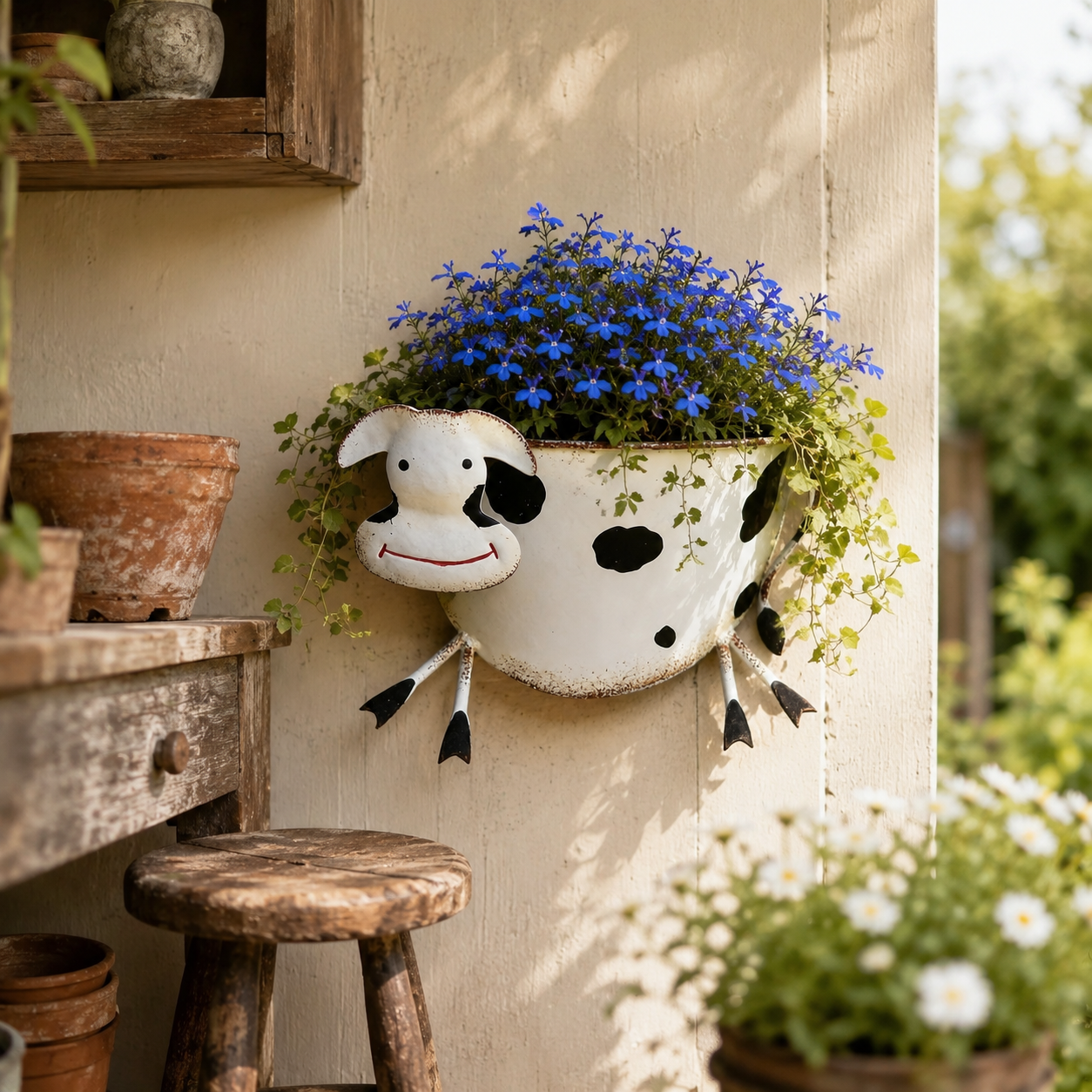 Rustic-Style Wrought Iron Cow-Shaped Wall-Mounted Planter