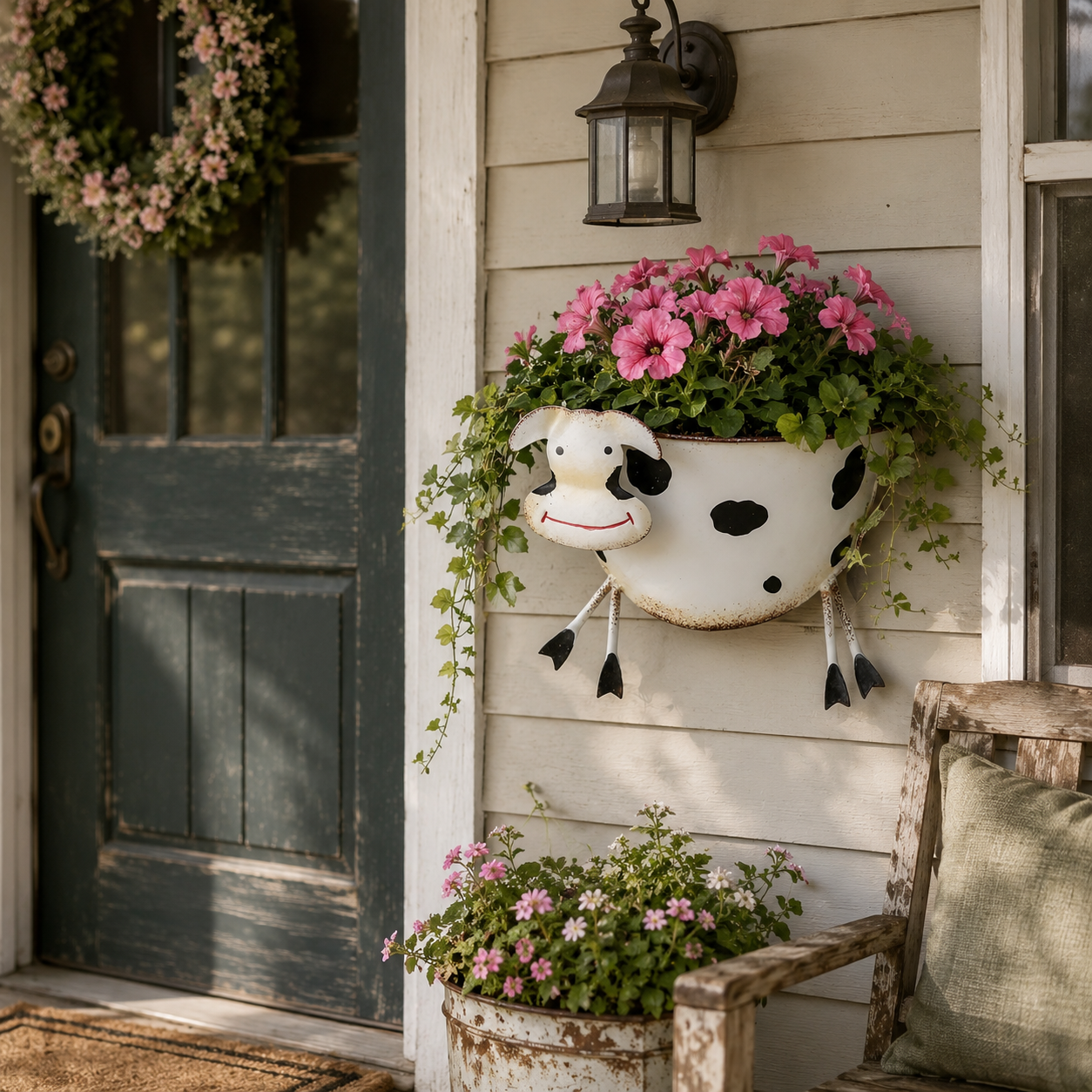 Rustic-Style Wrought Iron Cow-Shaped Wall-Mounted Planter