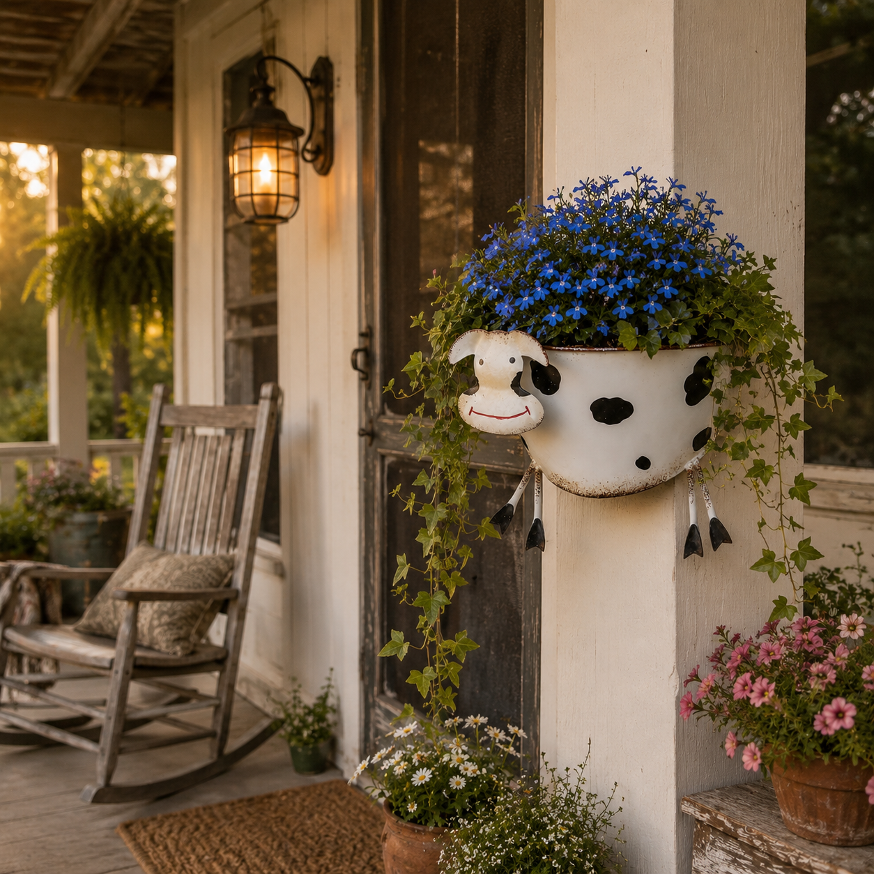 Rustic-Style Wrought Iron Cow-Shaped Wall-Mounted Planter