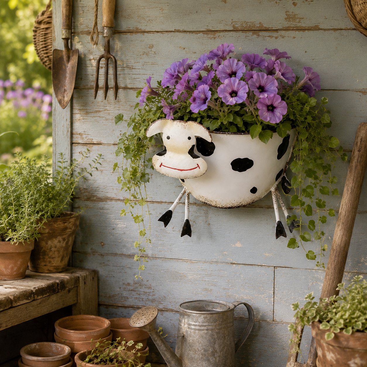 Rustic-Style Wrought Iron Cow-Shaped Wall-Mounted Planter