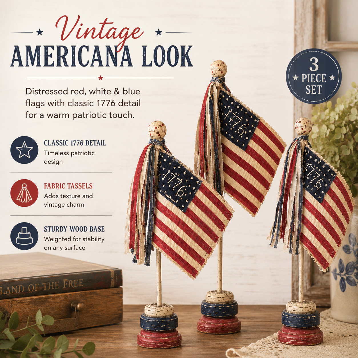 3 PCS Vintage Patriotic Mini Flag Table Decor Set – Sunnynestliving