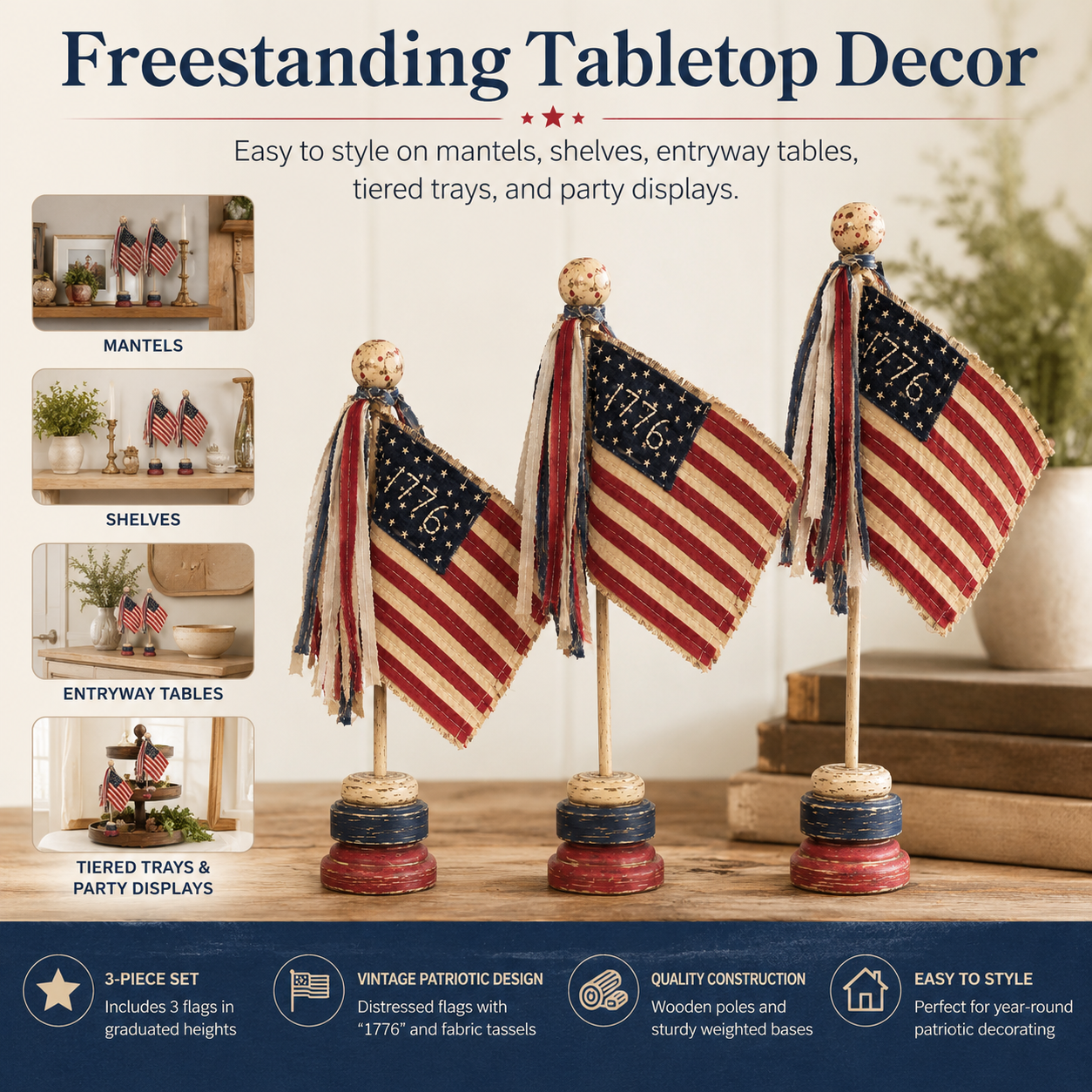 3 PCS Vintage Patriotic Mini Flag Table Decor Set – Sunnynestliving