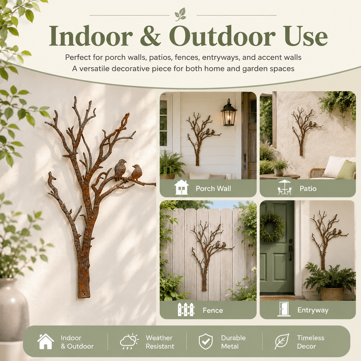 Rustic Metal Tree Branch Wall Decor with Birds