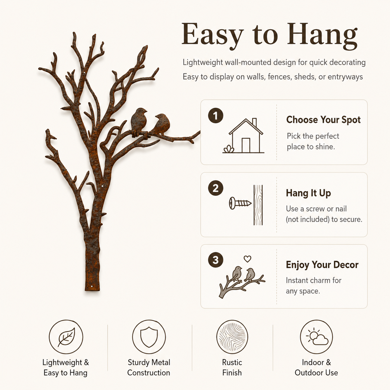 Rustic Metal Tree Branch Wall Decor with Birds
