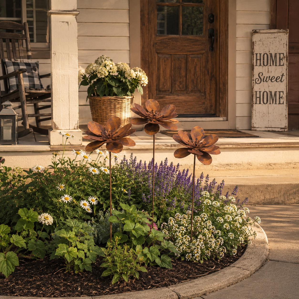 Three-Piece Vintage Metal Flower Garden Stake Set
