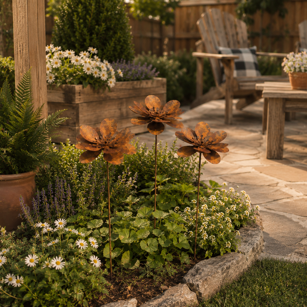 Three-Piece Vintage Metal Flower Garden Stake Set