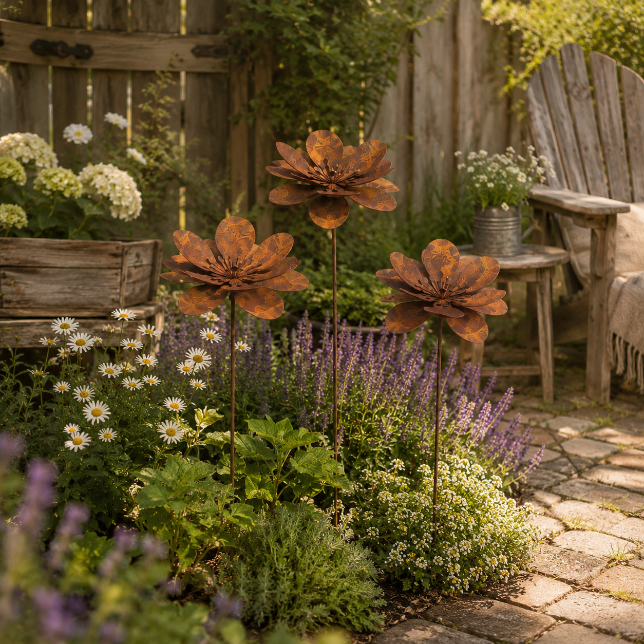 Three-Piece Vintage Metal Flower Garden Stake Set