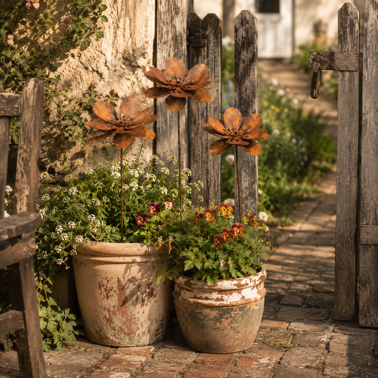 Three-Piece Vintage Metal Flower Garden Stake Set