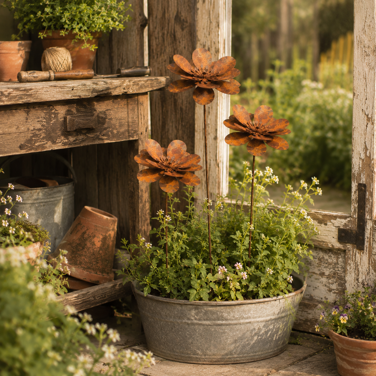 Three-Piece Vintage Metal Flower Garden Stake Set