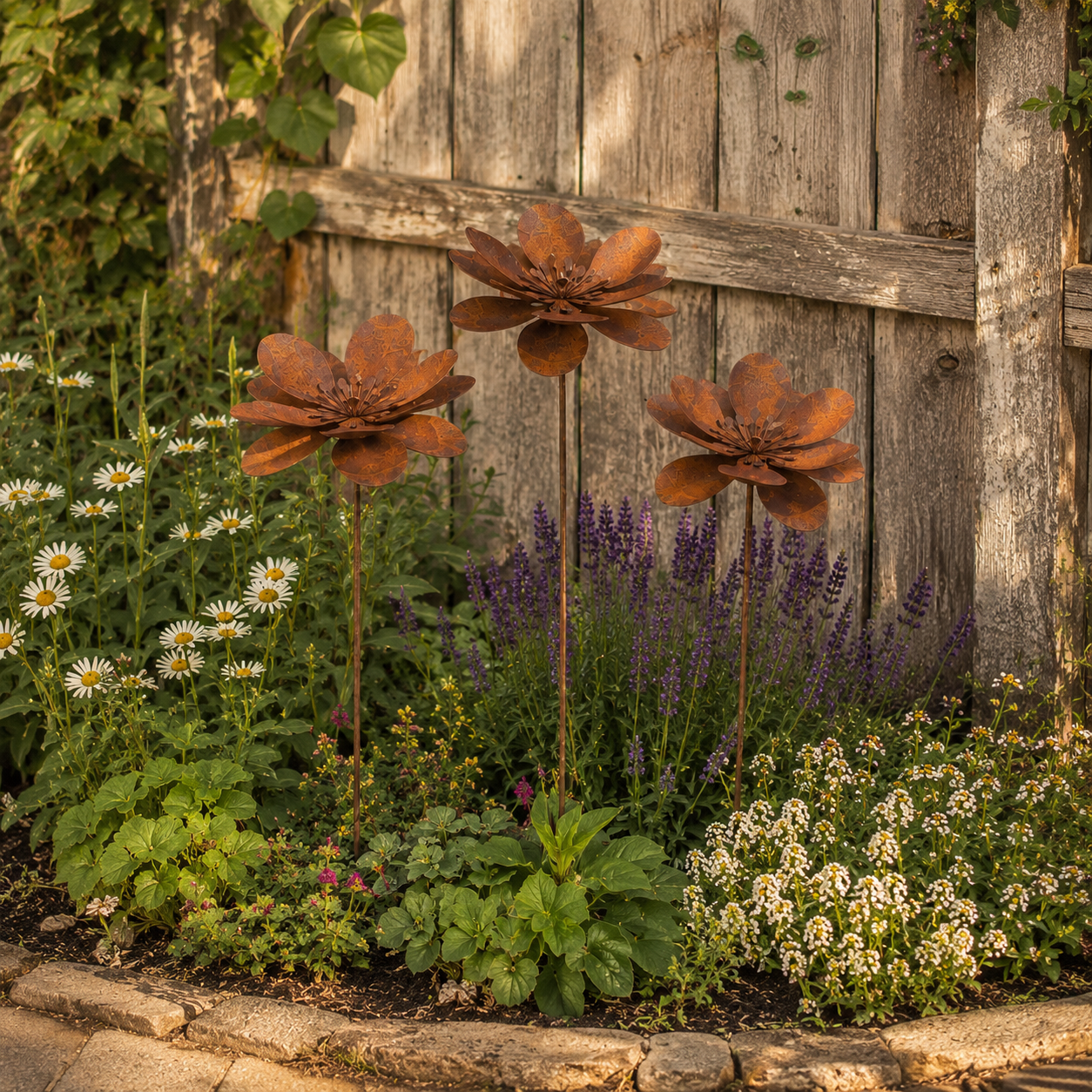 Three-Piece Vintage Metal Flower Garden Stake Set