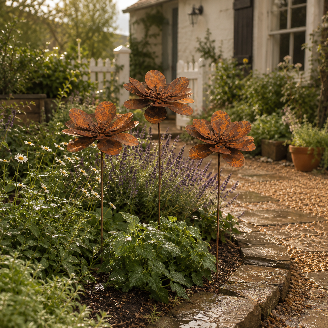 Three-Piece Vintage Metal Flower Garden Stake Set