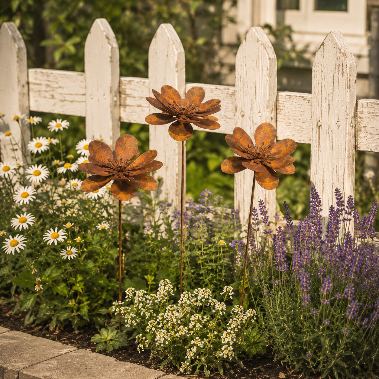 Three-Piece Vintage Metal Flower Garden Stake Set