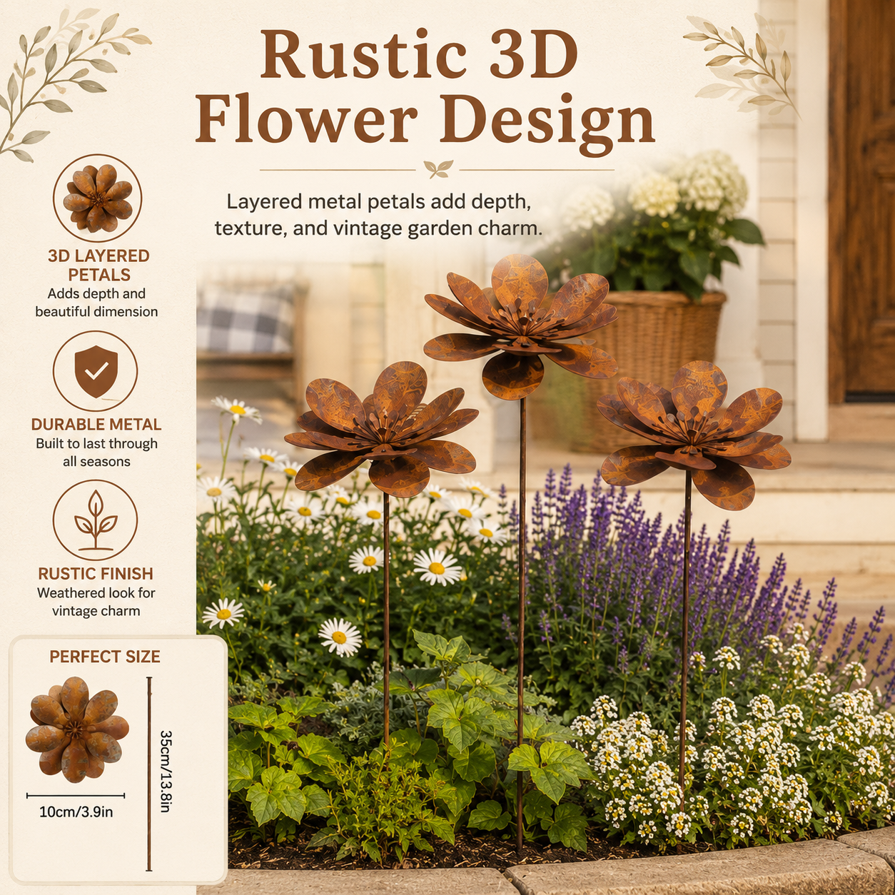 Three-Piece Vintage Metal Flower Garden Stake Set