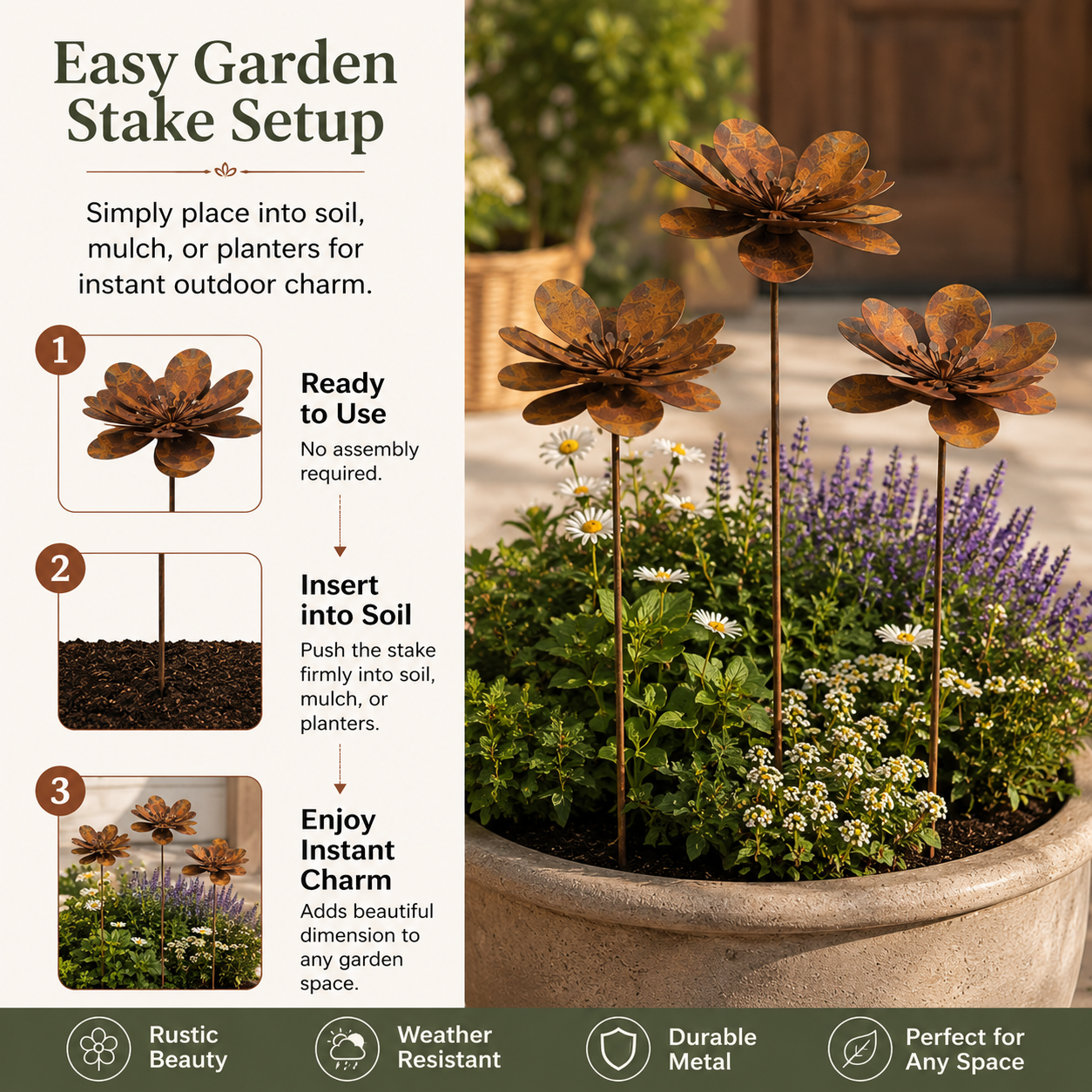 Three-Piece Vintage Metal Flower Garden Stake Set