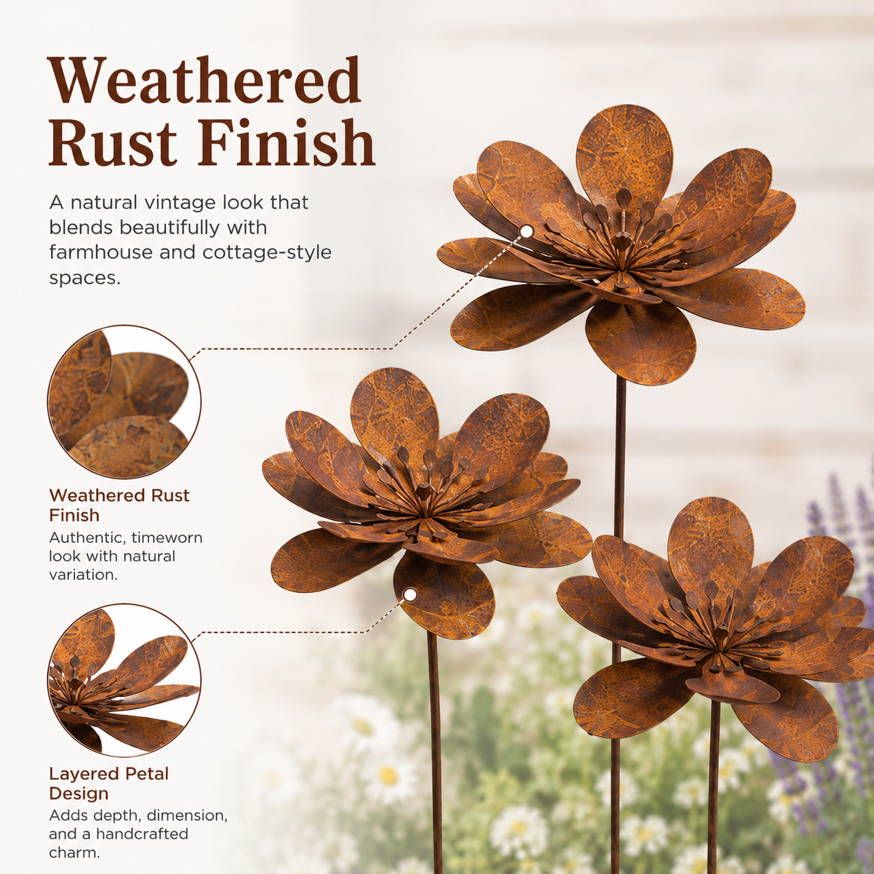 Three-Piece Vintage Metal Flower Garden Stake Set