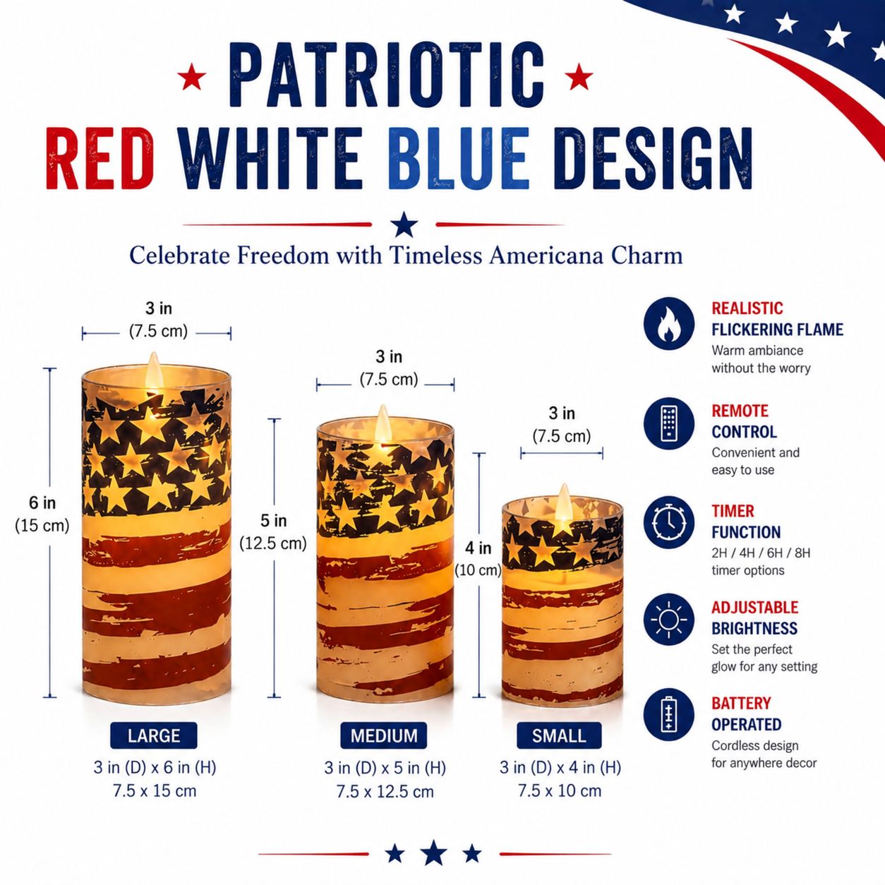 3-Piece Set - Patriotic Flameless Candles (With Remote Control)