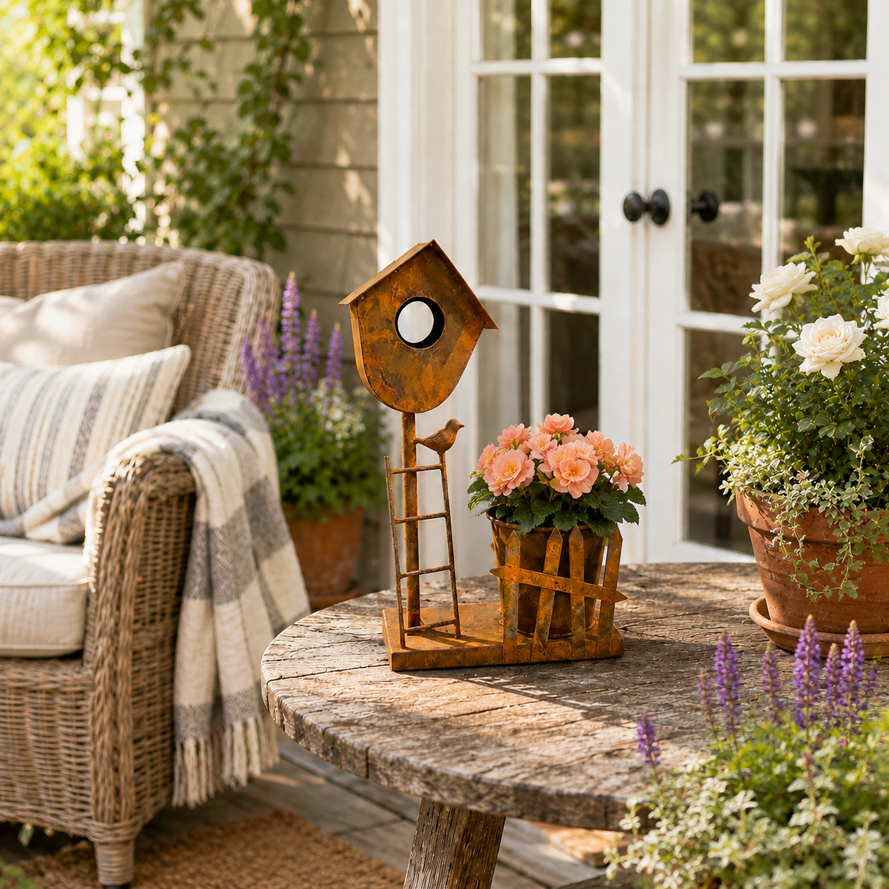 Rustic Metal Birdhouse Planter Holder 