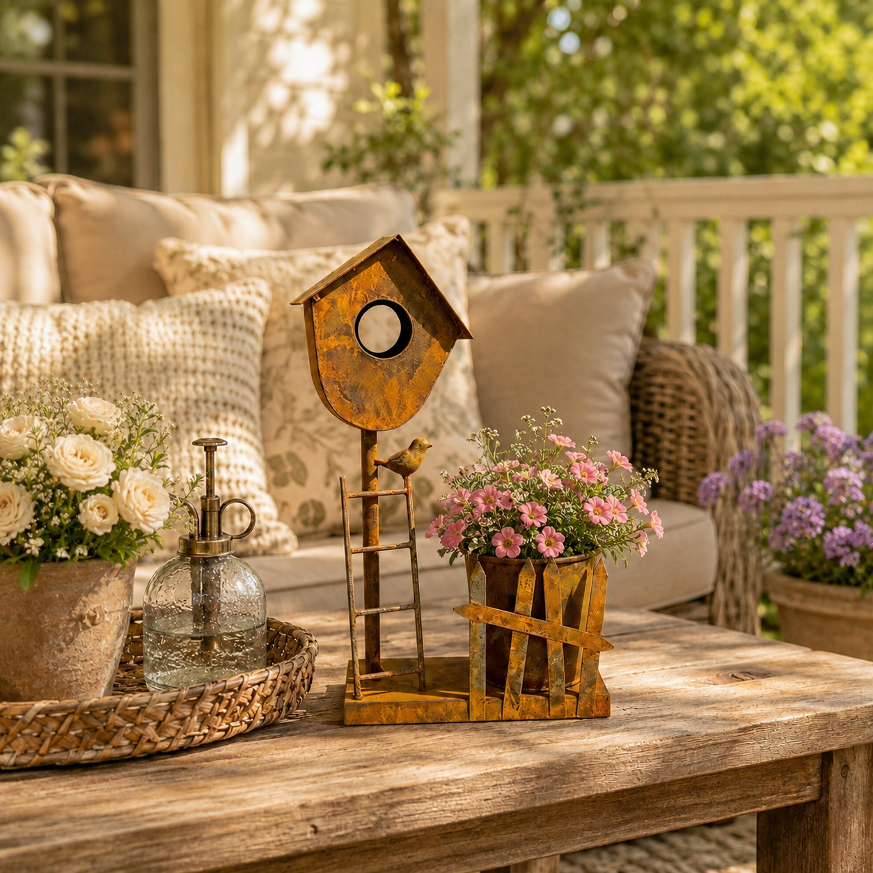 Rustic Metal Birdhouse Planter Holder 