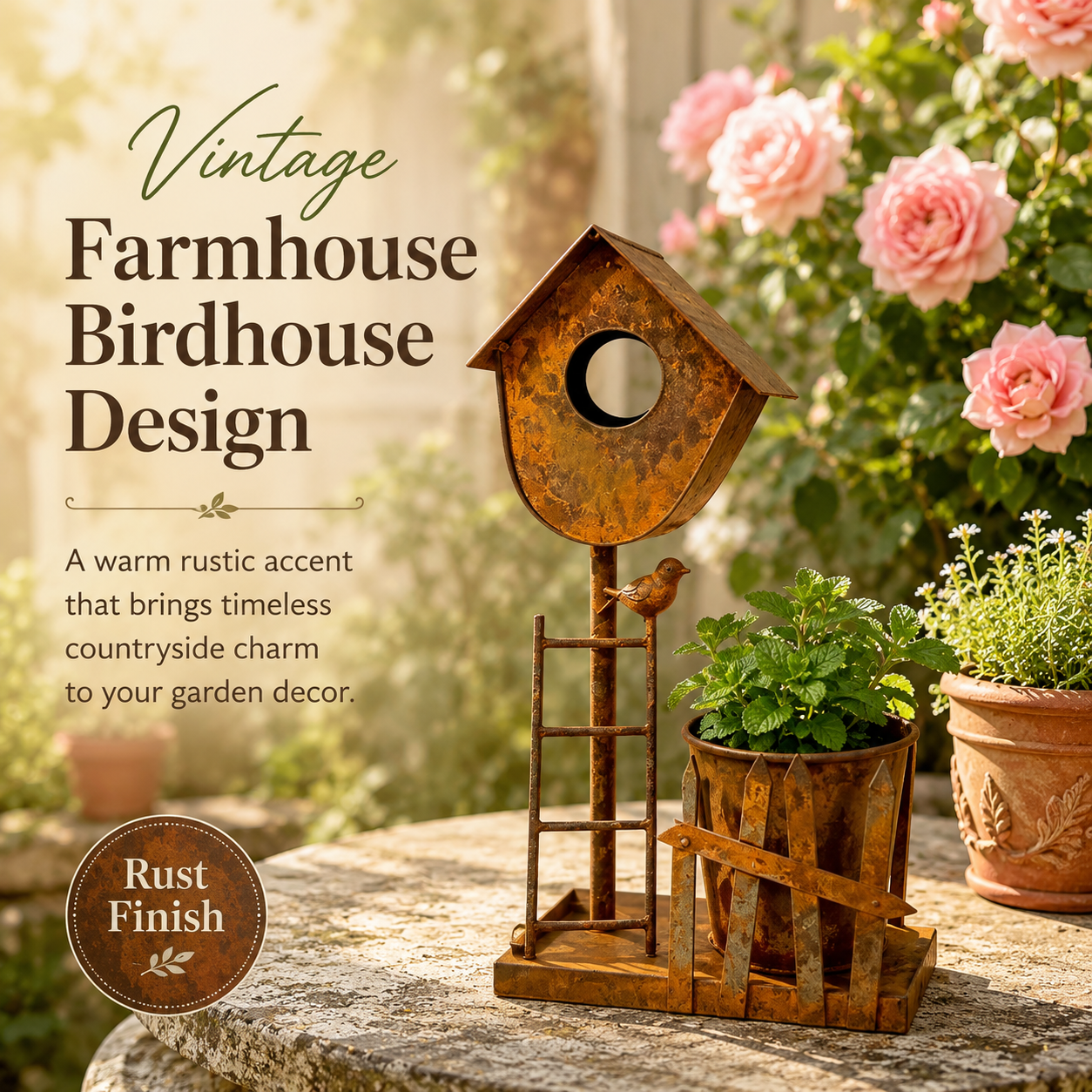 Rustic Metal Birdhouse Planter Holder 