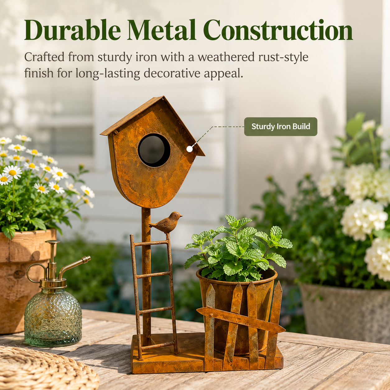 Rustic Metal Birdhouse Planter Holder 