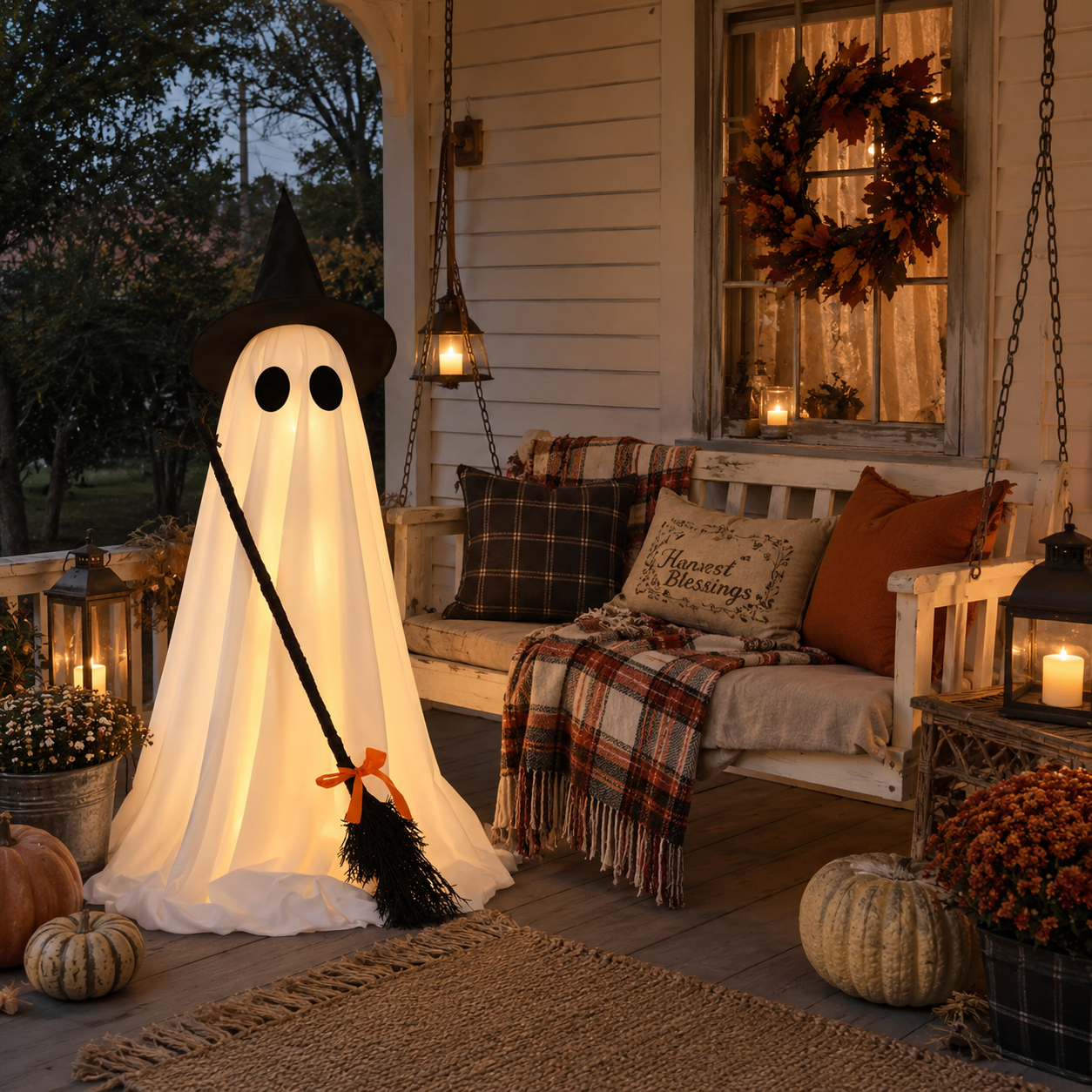 Lighted Halloween Ghost Decoration with Witch Hat and Broom