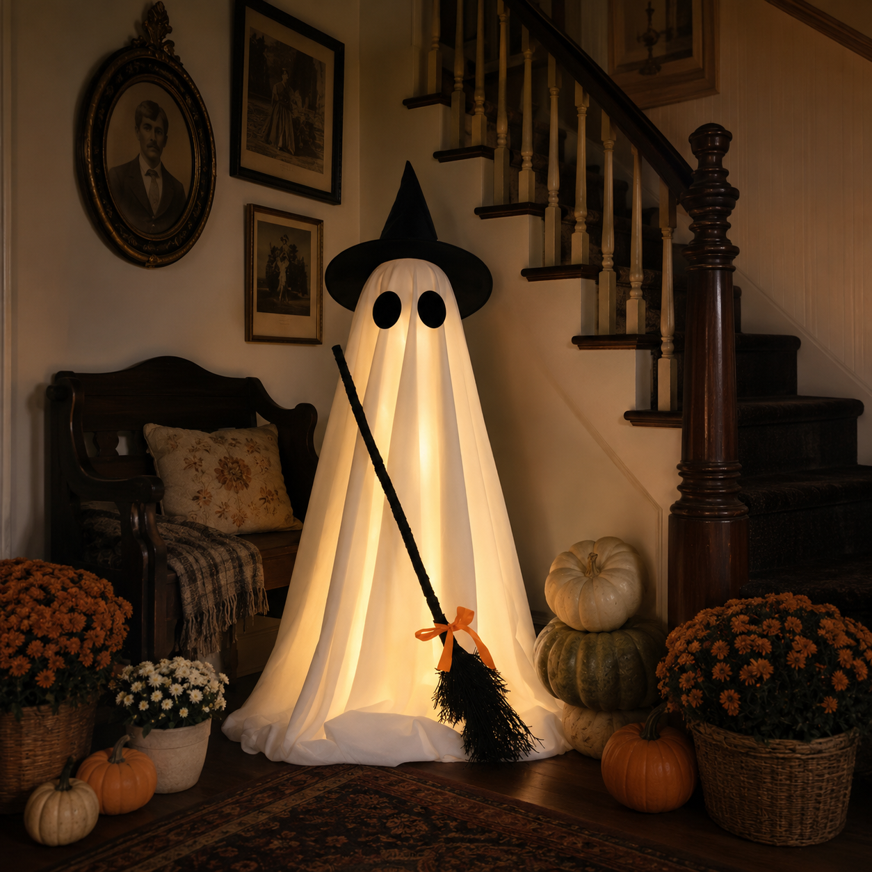 Lighted Halloween Ghost Decoration with Witch Hat and Broom