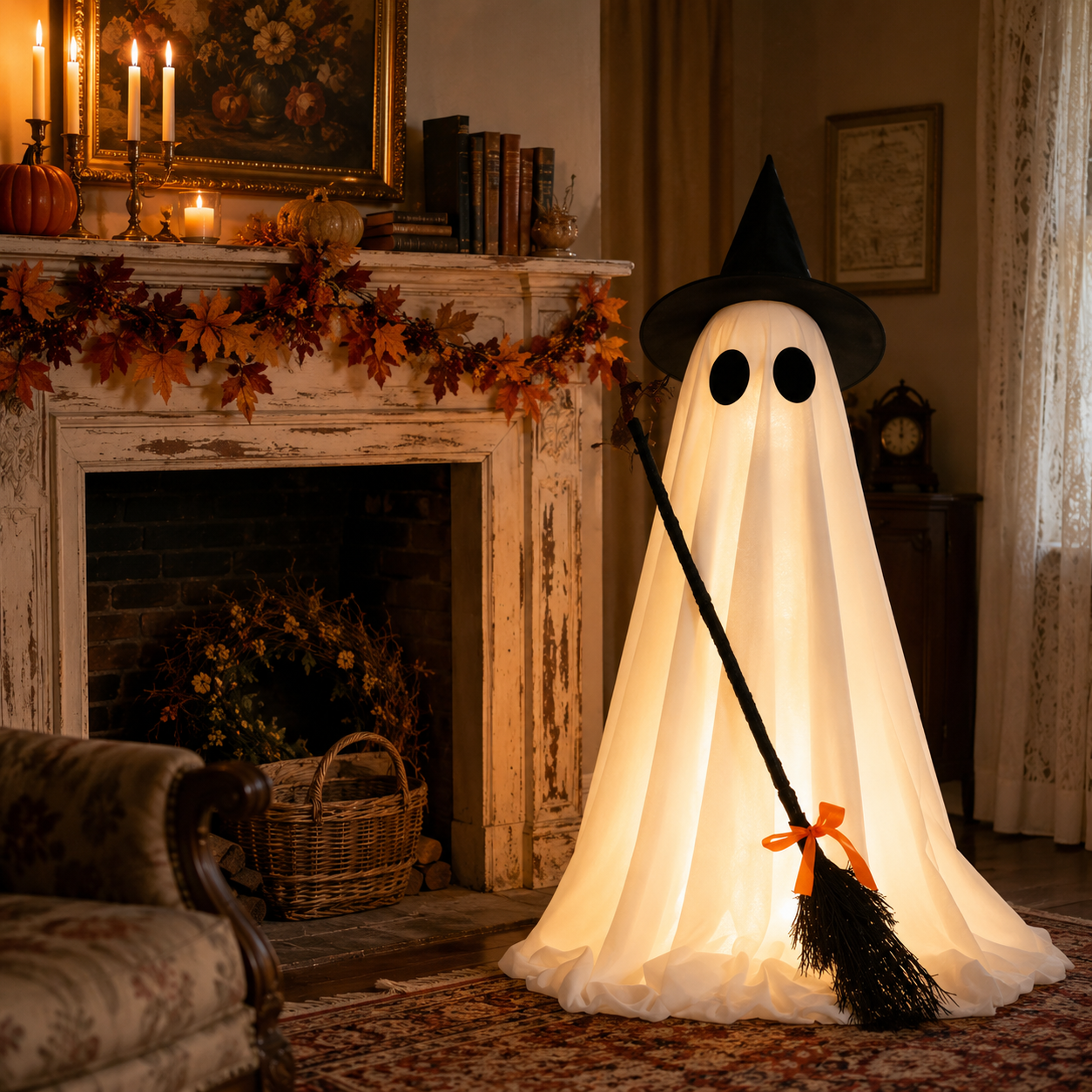 Lighted Halloween Ghost Decoration with Witch Hat and Broom
