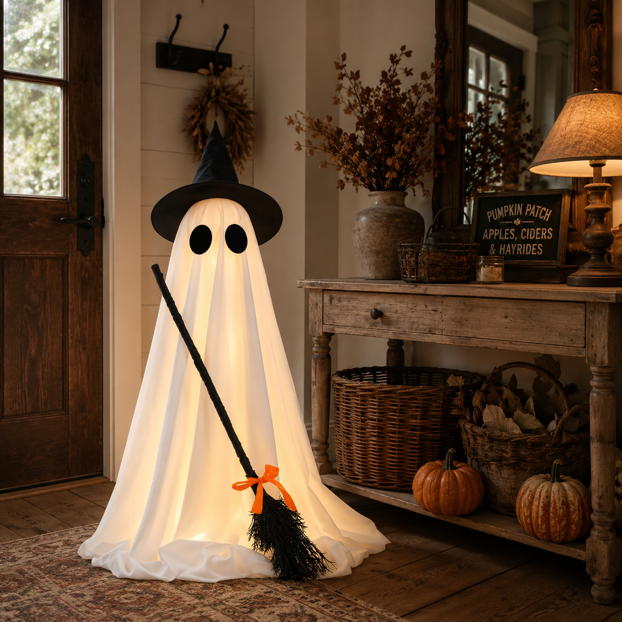 Lighted Halloween Ghost Decoration with Witch Hat and Broom