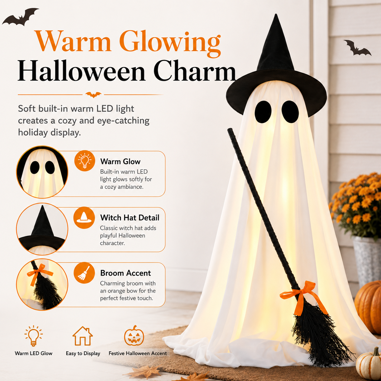Lighted Halloween Ghost Decoration with Witch Hat and Broom