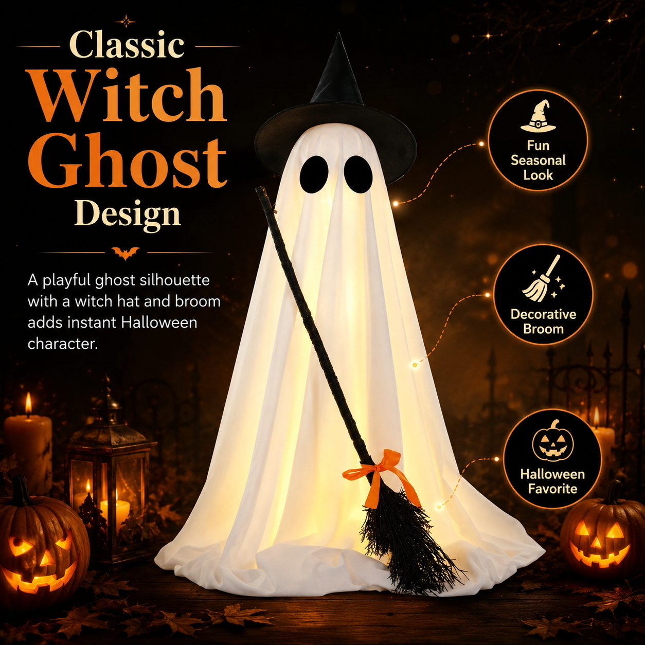 Lighted Halloween Ghost Decoration with Witch Hat and Broom
