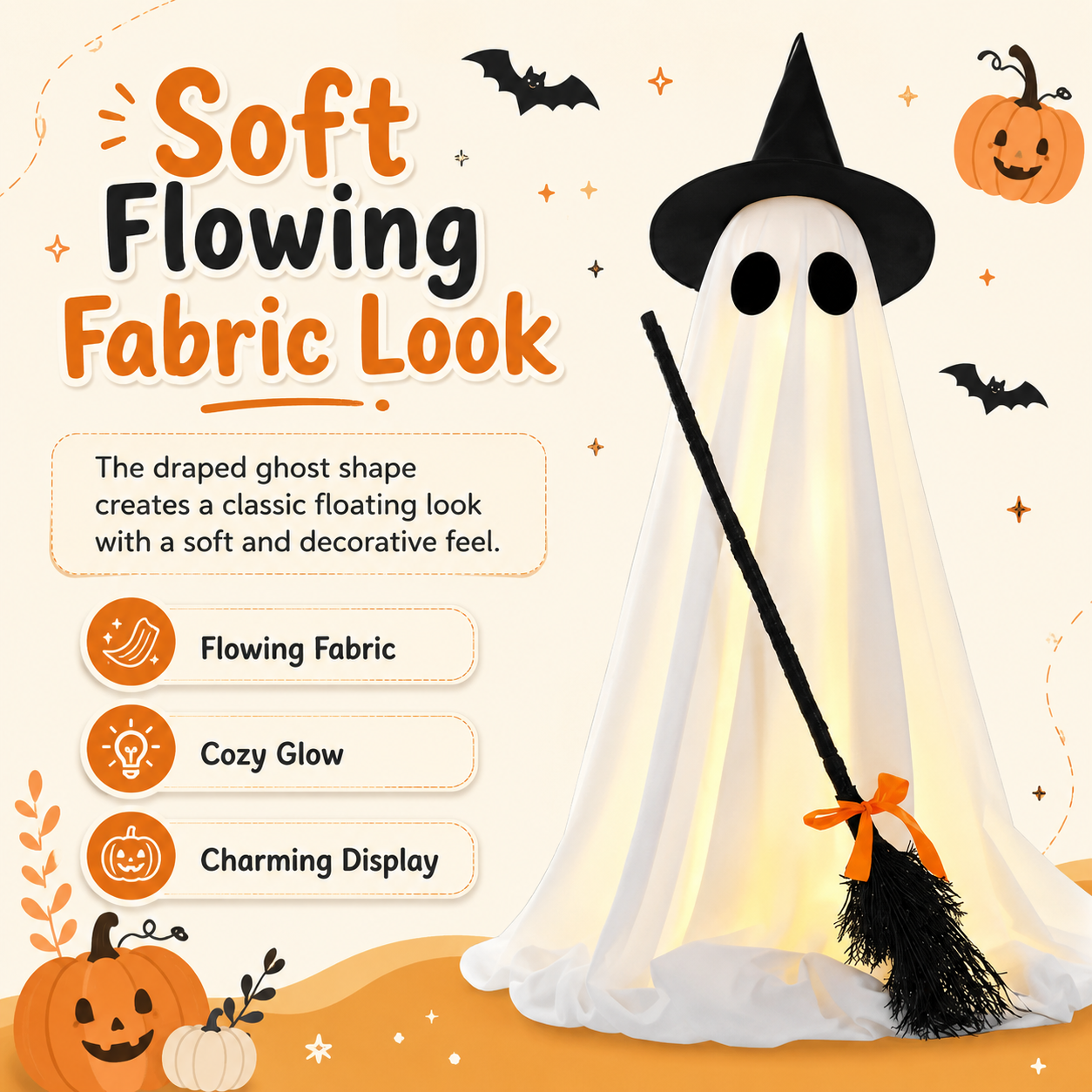 Lighted Halloween Ghost Decoration with Witch Hat and Broom