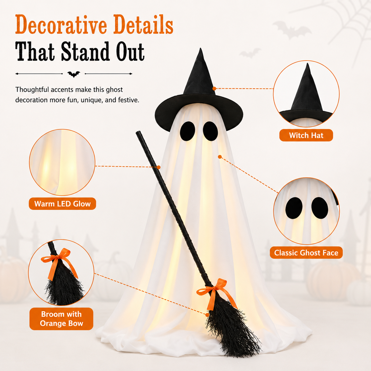 Lighted Halloween Ghost Decoration with Witch Hat and Broom