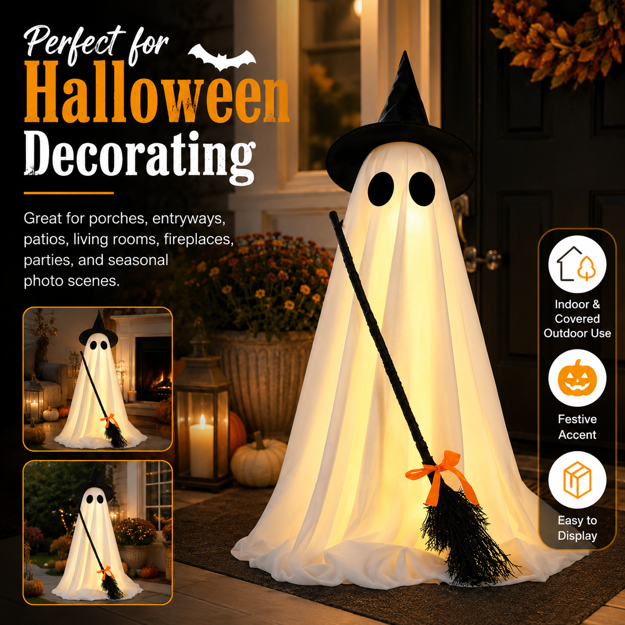Lighted Halloween Ghost Decoration with Witch Hat and Broom